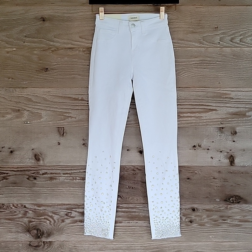 L'AGENCE Size 23 White Tilly Cropped Rhinestone Skinny Jeans NWT